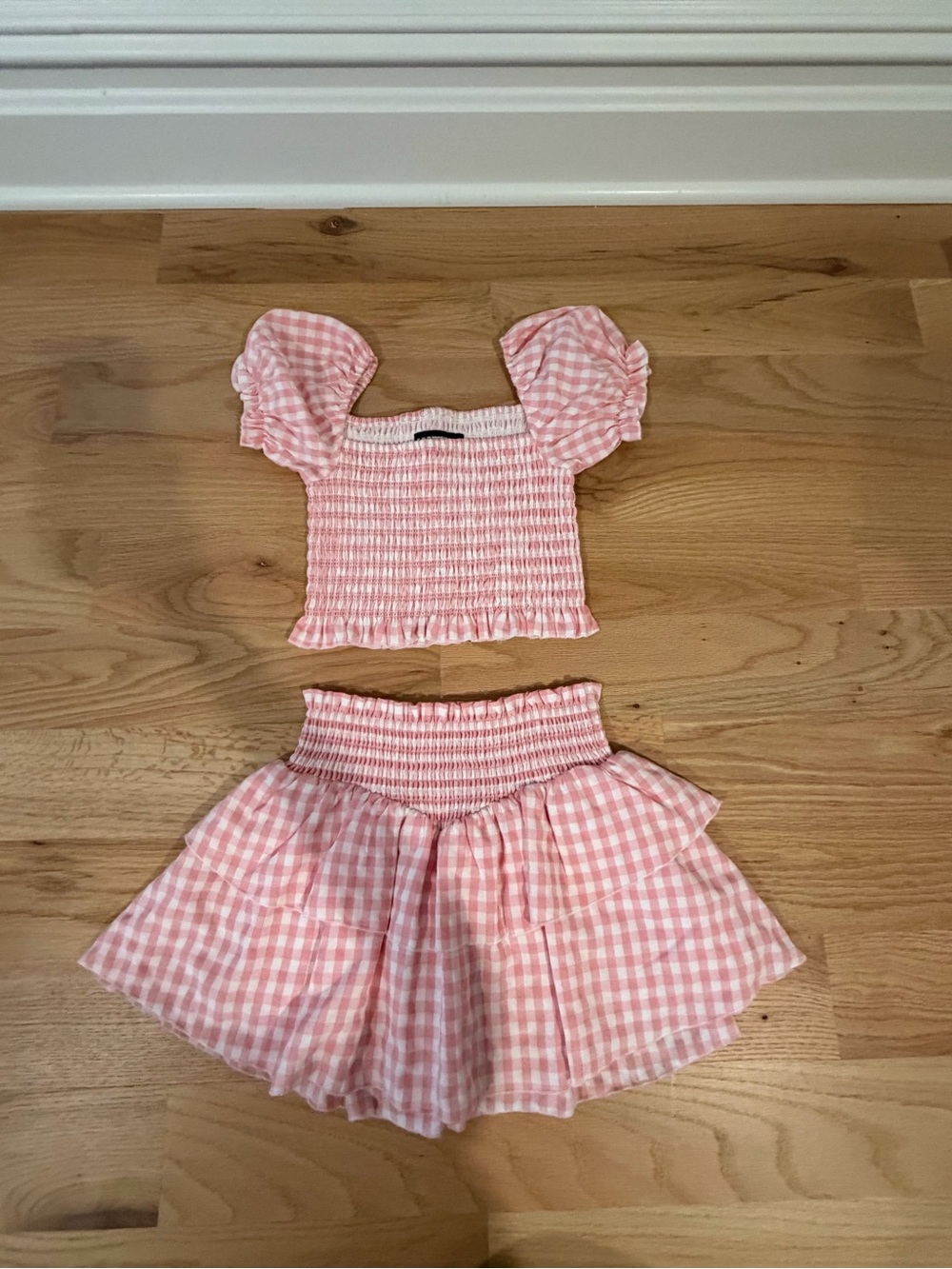 Katie J NYC Pink Gingham Smocked Puff Sleeve Top & Skirt Set